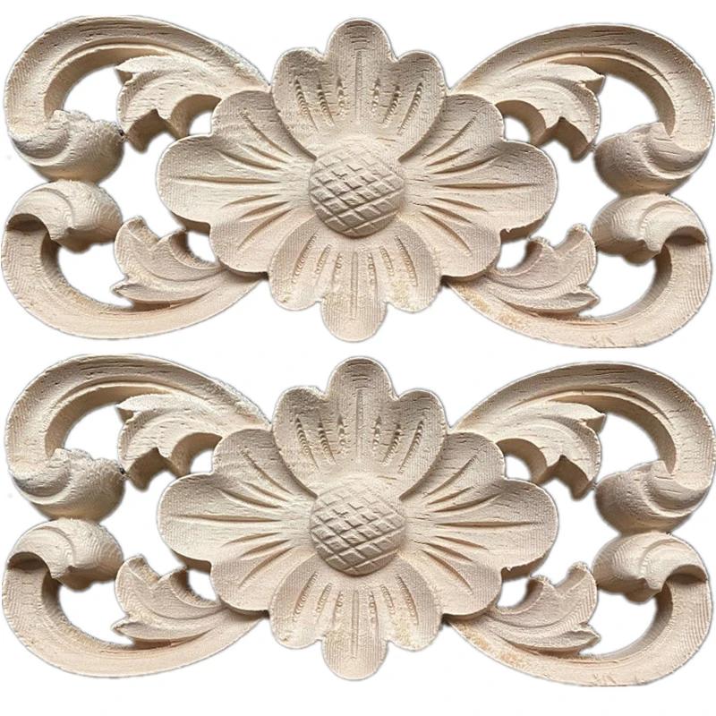 2PCS 14cm Solid Wood Applique Carved Floral Long Flower Furniture Decorative Accessories Home Decoration Accessories